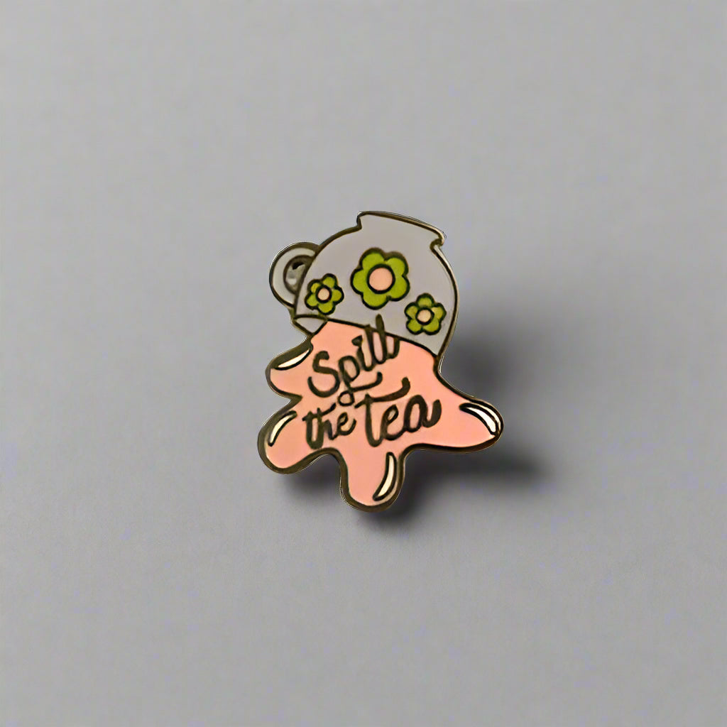 Pin with a cartoon character and text on a light gray background