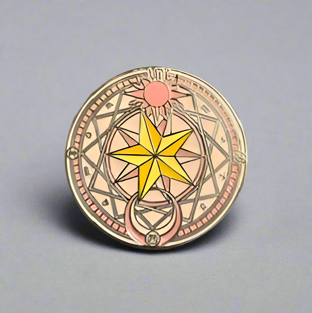 Circular decorative item with a yellow star on a gray background