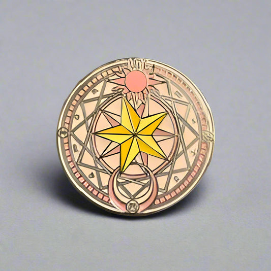 Circular decorative item with a yellow star on a gray background