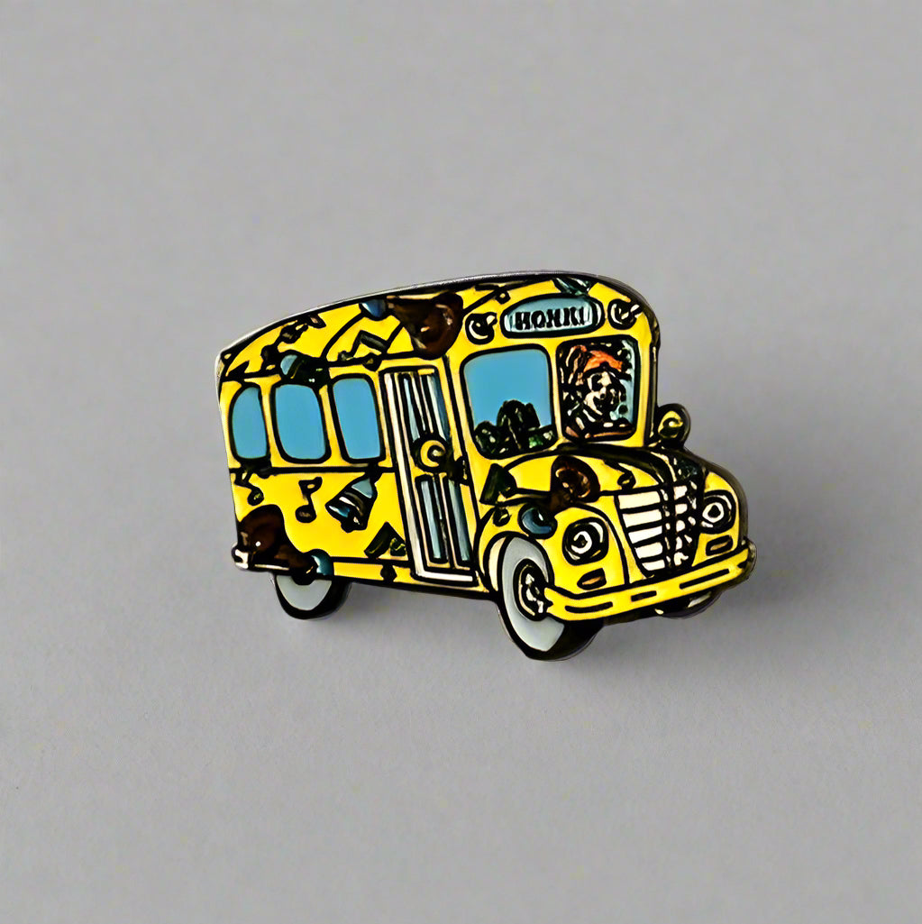 Yellow school bus-shaped object on a beige background